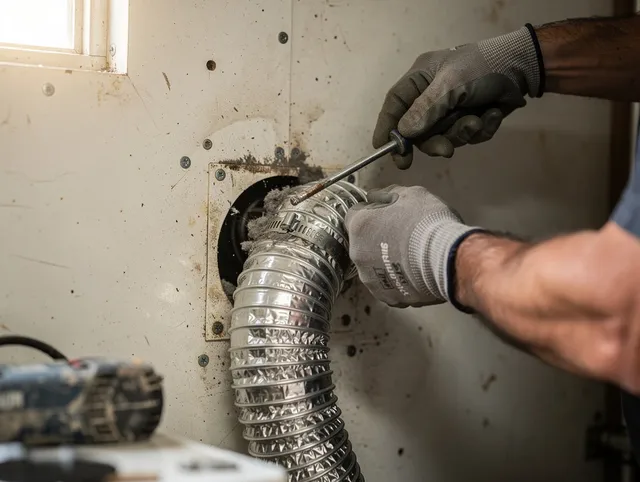South San Jose Hills Dryer Vent Cleaning technician performing precise dryer vent hose installation in South San Jose Hills